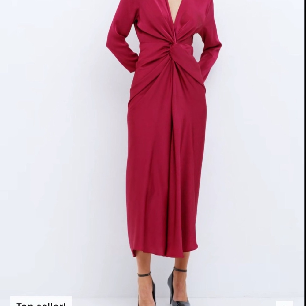 Mango Red Long Sleeve Plunge Sheath Dress